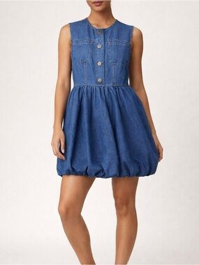 Denim Mini Dress Sleeveless Button Front Bubble Hem Pockets Casual Blue Size S/M